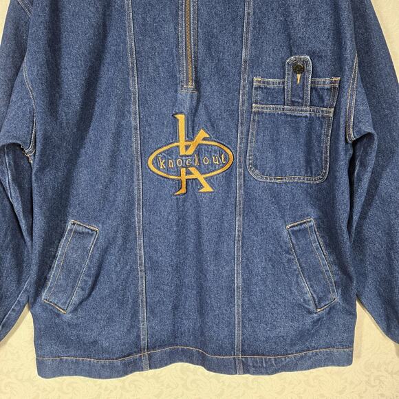 VTG Knockout Denim Jacket Sz 2XL Blue Quarter Zip Pullover Logo USA - Picture 3 of 16